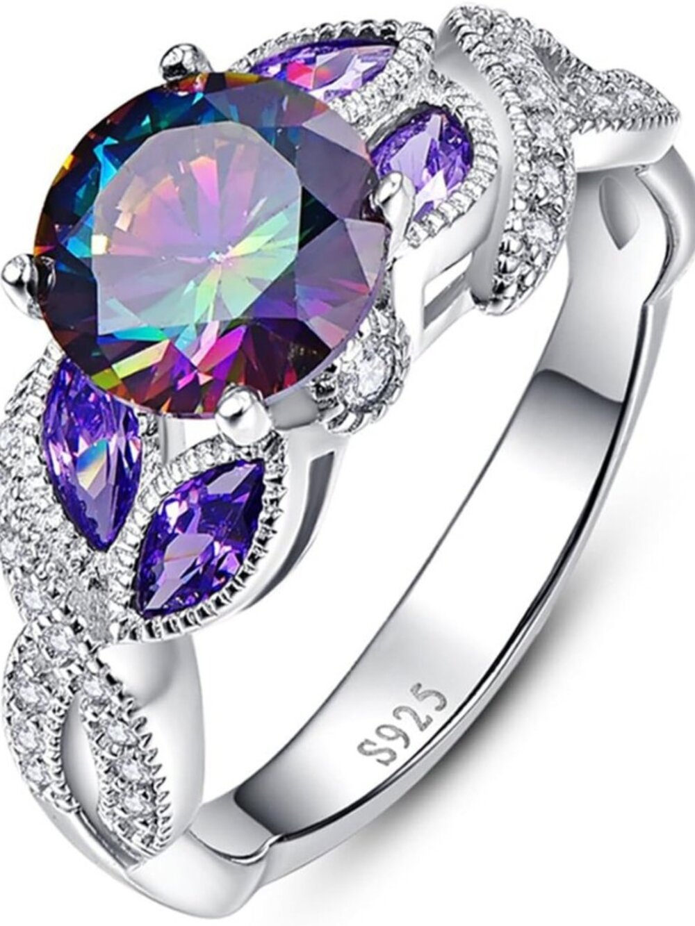Stunning 3.6ct Rainbow Topaz & Sapphire Sterling Silver Ring | Bezel Set Fashion